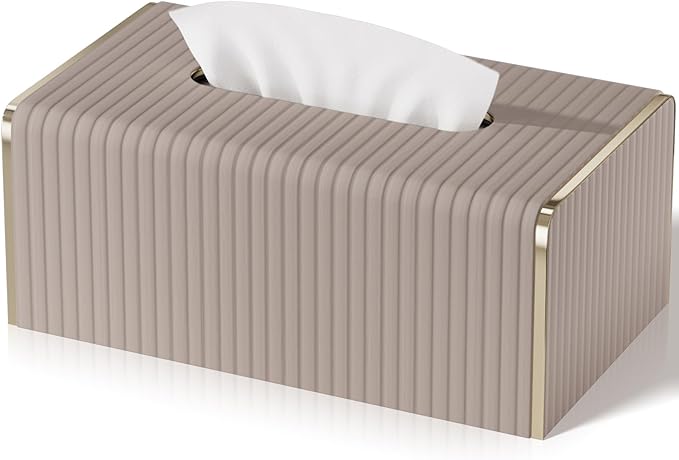 Tissue Box Cover,Beige Rectangle Leather Tissue Box Holders with Gold-Tone Edging Accents,Decorative Tissue Covers for Bathroom Toilet Bedroom Living Room Table Desk Office Car