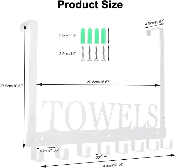 Over The Door Hooks, Heavy Duty Wall Mount Towel Hanger with 8 Hooks for Bedroom, Bathroom, Kitchen Towels, Silver