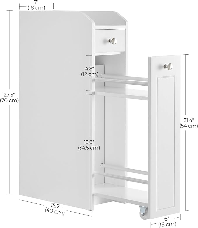 VASAGLE Slim Storage Cabinet, Narrow Storage Organizer with Slide Out Drawers, Freestanding Toilet Paper Holder, Small Space Skinny Cabinet for Bathroom Kitchen Corner, Cloud White UBBC847P31