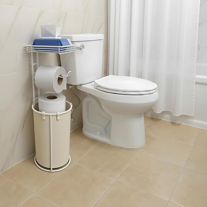 Standing Toilet Paper Storage Rack, Rustproof Metal Stand Up Toilet-Paper Roll Holder, Free Standing Tissue Holder for Bathroom, Tissue Holder with Shelf for Wipes & Phone, White