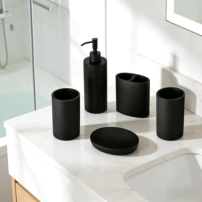Matte Black 5 Piece Bathroom Accessories Set - Resin Countertop Kit with Soap Dispenser, Toothbrush Holder, 2 Tumbler Cups, Soap Dish