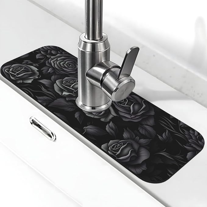 Black Rose Floral 15" X 5.5" Kitchen Sink Splash Guard, Faucet Guard Draining Mat, Faucet Suction Pad For Kitchen Bathroom