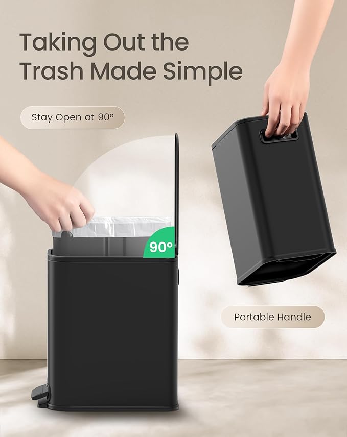 Cesun Small Bathroom Trash Can with Lid Soft Close, Step Pedal, 5 Liter / 1.3 Gallon Stainless Steel Garbage Can with Removable Inner Bucket, Waste Basket for Bathroom, Bedroom (Matte Black)