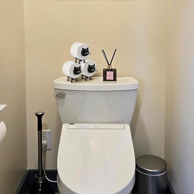 Cat Toilet Roll Holder: Tissue Paper Roll Storage Stand - 3D Printed Black Cat Loo Roll Holder - Toilet Paper Holder Bathroom Set for Bathroom Shelf Housewarming Gift Bathroom Decor (Cat-3Pcs)