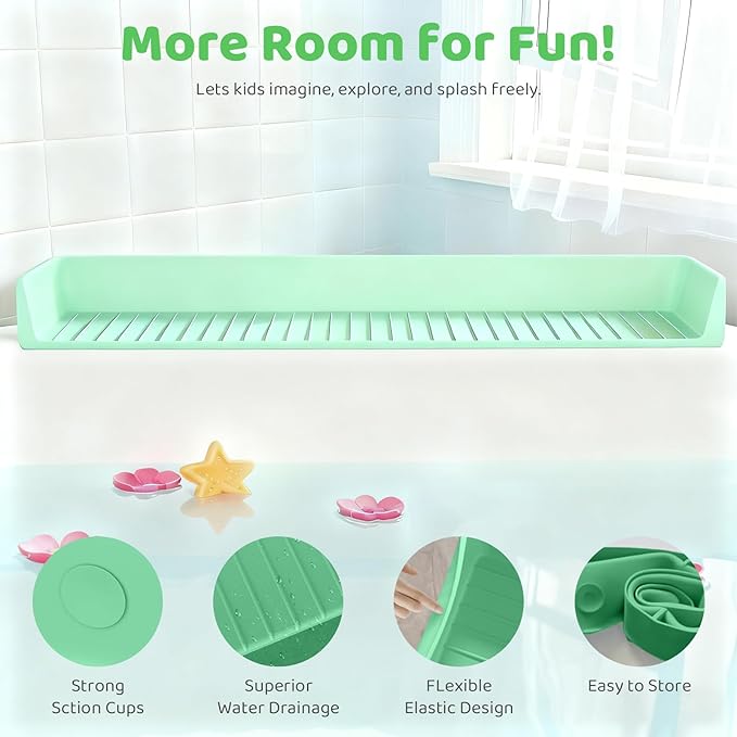 Bathtub Splash Guard for Tub Kids, Longer Silicone Water Splash Guard for Bathtub, Toy Holder Play Shelf for Bathtime，Silicone Tub Splash Guard Prevent Water Spills in Bathroom (Green)