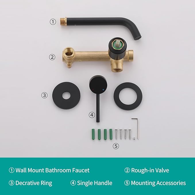 Weshi Bathroom Faucets Wall Mount Matte Black Bathroom Basin Faucet - Single Handle Vanity Tap - Curved Wall Spout Sink Faucet with Rough-in Valve