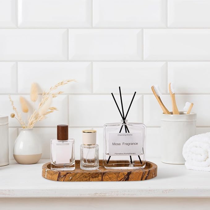 Oval Marble Bathroom Vanity Tray, Natural Luxury Marble Home Kitchen Bathroom Table Tray, Stone Decorative Countertop Serving Trays for Coffee Perfume Jewelry Makeup (Rainforest Brown, 10 * 5 * 0.6)