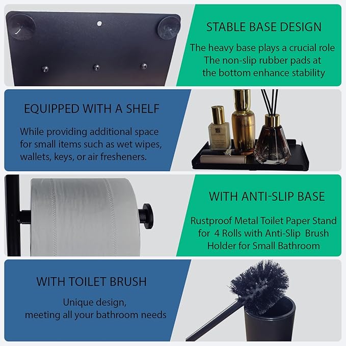 Black Freestanding Toilet Paper Holder with Brush | No Drill Bathroom Organizer Stand | Rustproof Metal Toilet Paper Stand with Anti-Slip Base and Storage & Brush Holder for Small Bathroom (Shelf)