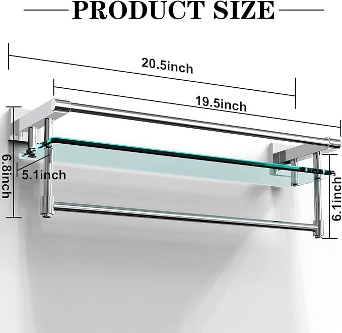 Bathroom Glass Shelf with Towel Rack Organizer Wall-Mounted Bathroom Storage SUS304 Stainless Steel Towel Bar/Track Wall-Mounted Tempered Glass Shelves (Chrome Polished, 20-inch)