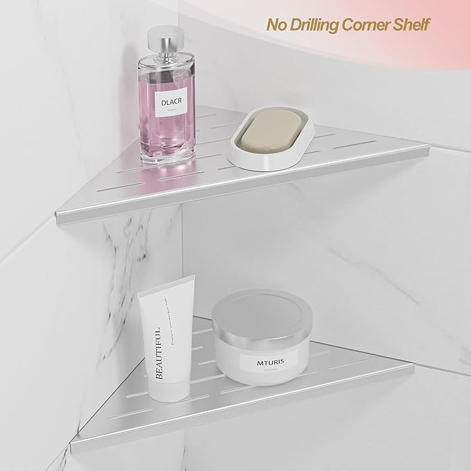 Neodrain 10" Brushed Corner Wall Shelf Set of 2, Floating Corner Shelves for Wall, 304 Stainless Steel Shower Storage Shelves for Bathroom, No Drilling