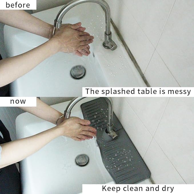 Silicone Sink Splash Guard 20 Inch Extended Ramp Kitchen Faucet Mat Bathroom Kitchen Sink Mat Non-Slip Splashproof Drying Mat Placemat (Marble, L（20" x 5.7"）)