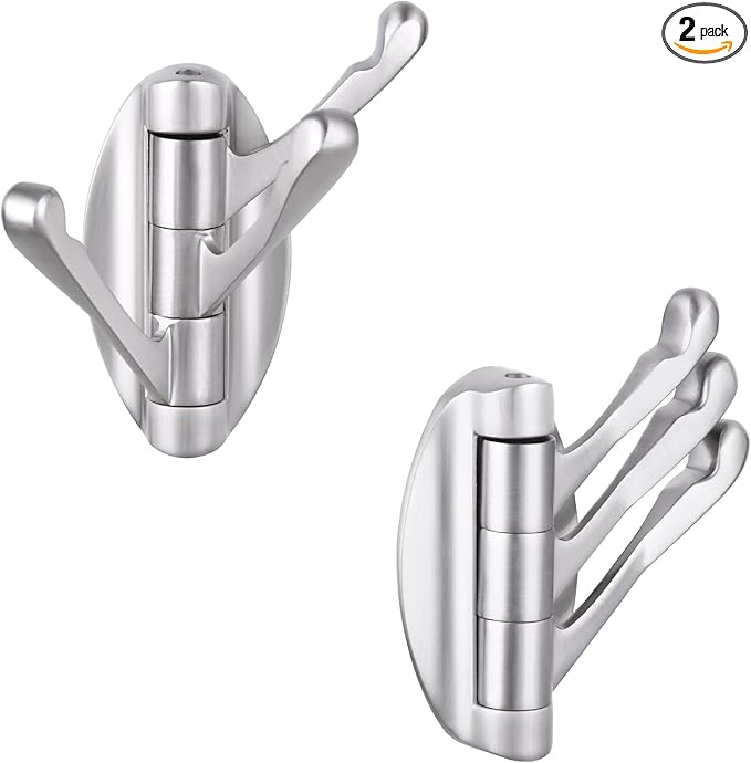 APLusee Swivel Brushed Nickel Robe Hook 2 PCS, Metal Foldable Towel Holder with Triple Rotating Arms, Heavy Duty Bathroom Kitchen Coat Hanger Wall Mounted