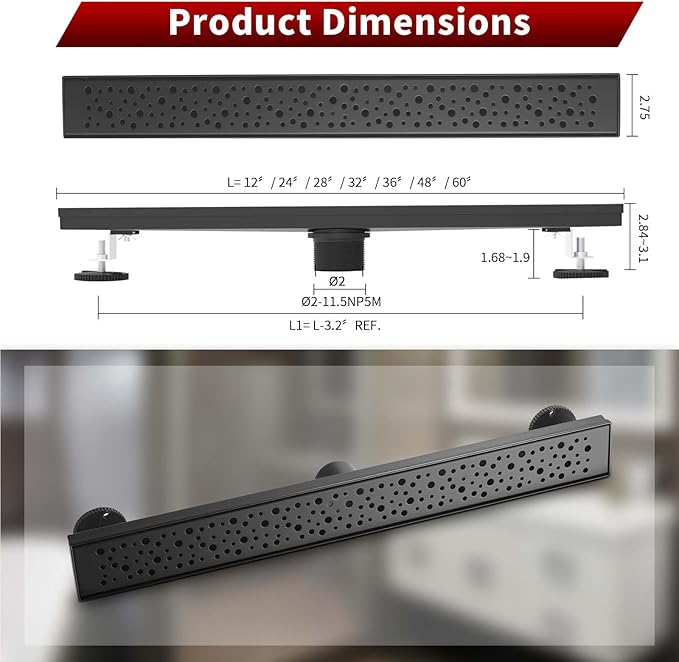 Sharp-tec Shower Drain, 32 inch Linear Shower Drain, Matte Black 304 Stainless Steel Rectangular Shower Floor Drain with Adjustable Leveling Feet, Hair Strainer, cUPC Certified, ST-099-32B