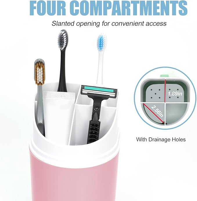 Tall Electric Toothbrush Holder with Cover, 10.6" Dust Proof Bathroom Caddy Fits Adults Electric Toothbrushes, Toothpaste, Wall Mount or Countertop Organizer with Removable Dividers, 4 Slots (Pink)