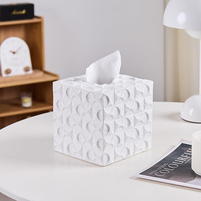 White Mosaic Tissue Box Cover Square for Home Decor, Relief Sculptured Geometric Cube Resin Heavy Tissue Box Holder for Bathroom Countertop, Tabletop, Night Stand, Office Desk