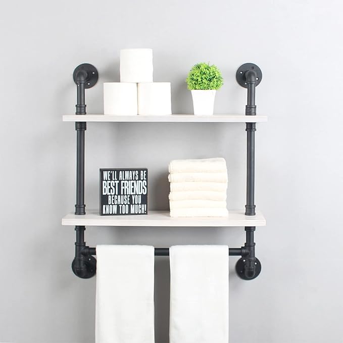 MBQQ Iron Pipe Shelves Industrial Bathroom Shelves with Towel bar,24in Rustic Metal Pipe Floating Shelves Pipe Wall Shelf,2 Tier Industrial Shelf Wall Mounted,Black & White