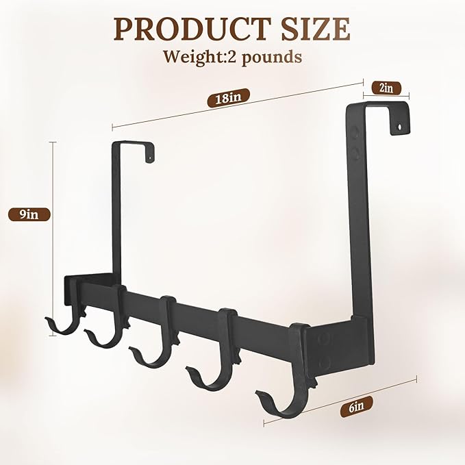 18" Over The Door Hook Rack with 5 Movable Hooks, Soft Iron Finish, for Bedroom, Bathroom, Walk-in Closet, Laundry Room and More - Black