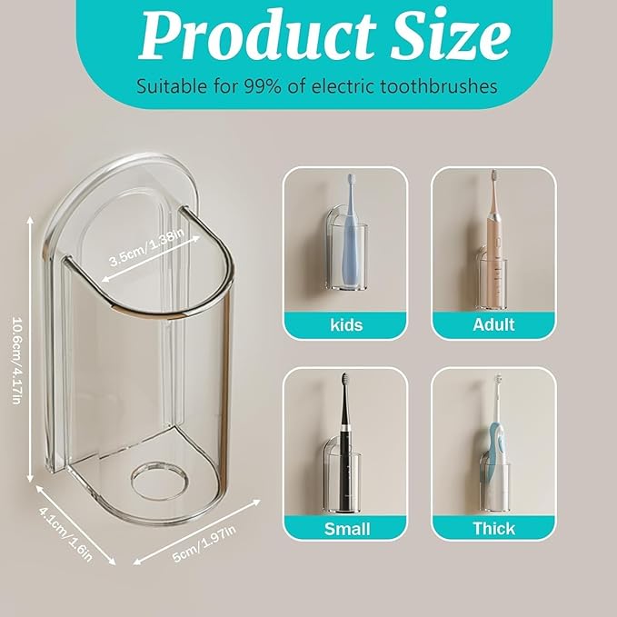 4 Pack Electric Toothbrush Holders for Bathroom, Wall Mounted Clear Electric Toothbrush Organizer, Self Adhesive Bathrooms Toothbrush Storage for Shower, Saving Space and Keep Drying