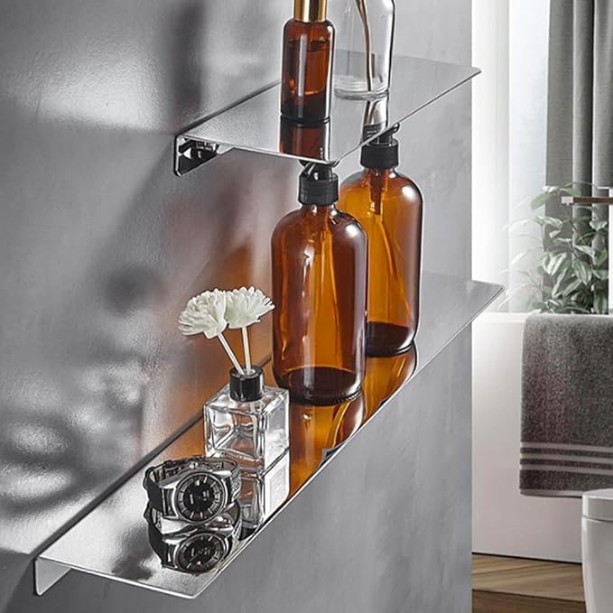 16Inch Stainless Steel Wall Mounted Floating Shelf Drilling or Shelf Adhesive Modern Room Decor Wall Shelf Floating Shelf for Bathroom Bedroom Decor