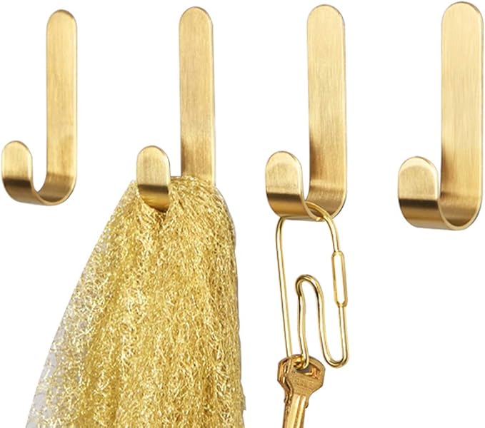 Bathroom Towel Hook, Adhesive Hooks,Brass Towel Coat Clothes Hooks, for Bath Kitchen Garage, No Drill, Waterproof & Rustproof (4-Pack)