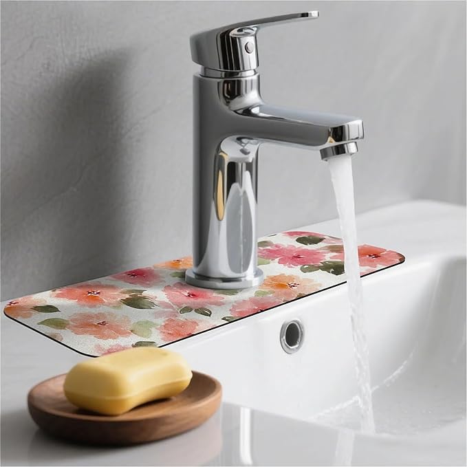 Kitchen Sink Splash Guard，Soft watercolor flowers Faucet Mat Sink Gadgets-Super Absorbent Fast Drying Mat Drip Catcher for Kitchen, Bathroom,Sink Mat, Dish Drying Mat, Bathroom(15" X 5.5" )