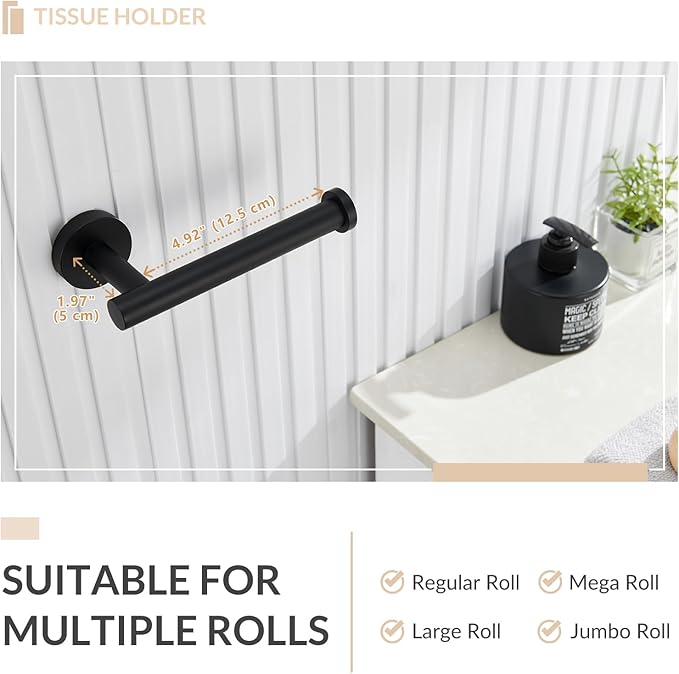 APLusee Matte Black Toilet Paper Holder, Stainless Steel Tissue Roll Hanger, Round TP Dispenser Wall Mount for Bathroom, Kitchen, Washroom