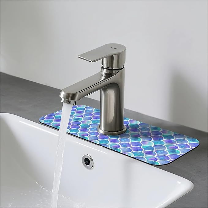Faucet Draining Mat For Kitchen Sink, Watercolor Rainbow Scales Diatom Mud Absorbent Drain Pad For Bathroom Kitchen Sink Splash Guard Drying Mat
