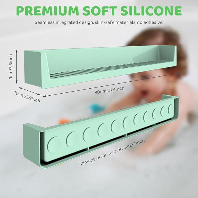 Bathtub Splash Guard for Tub Kids, Longer Silicone Water Splash Guard for Bathtub, Toy Holder Play Shelf for Bathtime，Silicone Tub Splash Guard Prevent Water Spills in Bathroom (Green)