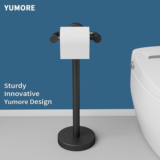 YUMORE Freestanding Toilet Paper Holder，Matte Black/Floor Standing Weighted Base Toilet Paper Holder Stand