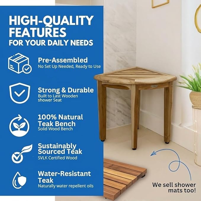 EcoDecors SnazzyCorner Waterproof Teak Wood Shower Bench Stool Seat Chair For Inside Shower Provides Safety, Storage, and Organization For Bathroom Accessories
