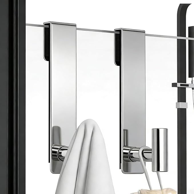 PMMASTO Shower Door Hooks, (7.5 Inch) Extended Towel Hooks for Bathroom Frameless Glass Shower Door, Stainless Steel Heavy Duty Hooks (Polished Silver, T Shape-Fits 3/8" Thick Door)