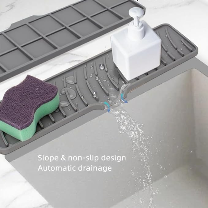 Silicone Dish Drying Mat for Kitchen Bathroom Faucet Pad Sink Splash Guard Drain Mat Coffee Maker or Sink Heat-resistant Dish Drainer Mat Non-Slip Cushion 16.54x3.94in Gray