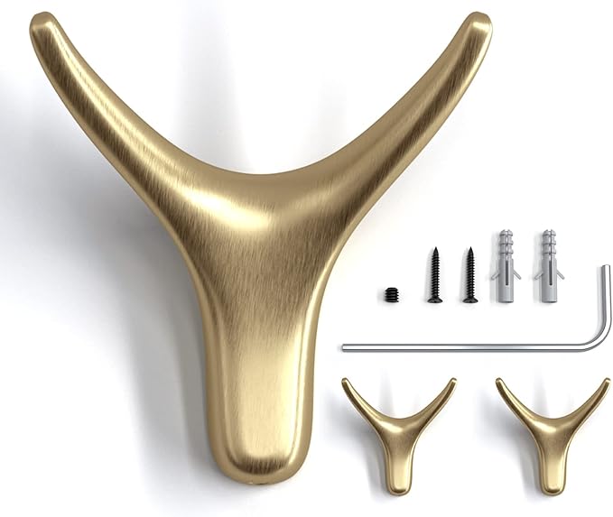 CARAGO Coat Hooks, Towel Hooks for Bathroom,3 Packs Metal Heavy Duty Wall Hooks, Suitable for Cloakroom, Living Room, Bathroom, for Hanging Clothes, Hats, Bags, Kitchenware, Towels (Golden Brushed)