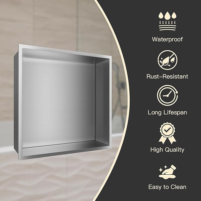 Shower Niche 12 x 12, Stainless Steel Shelf Recessed Shower Niche for Bathroom Storage No Tile Needed Over Mount Installation