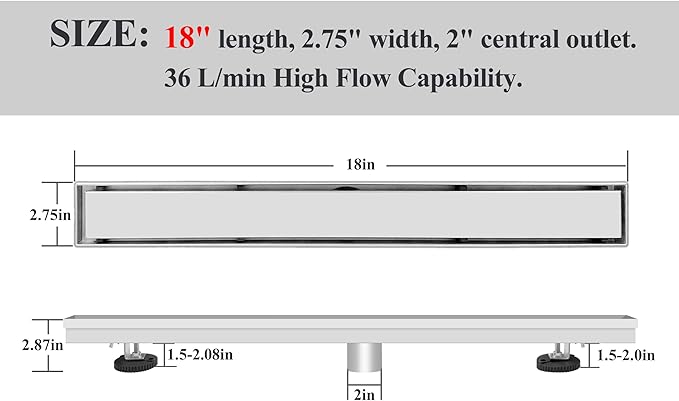 18 Inch Linear Shower Drain Brushed Floor Drain with Removable 2-in-1 Tile Insert Grate Cover and SUS304 Stainless Steel CUPC Certificate (18 inch)