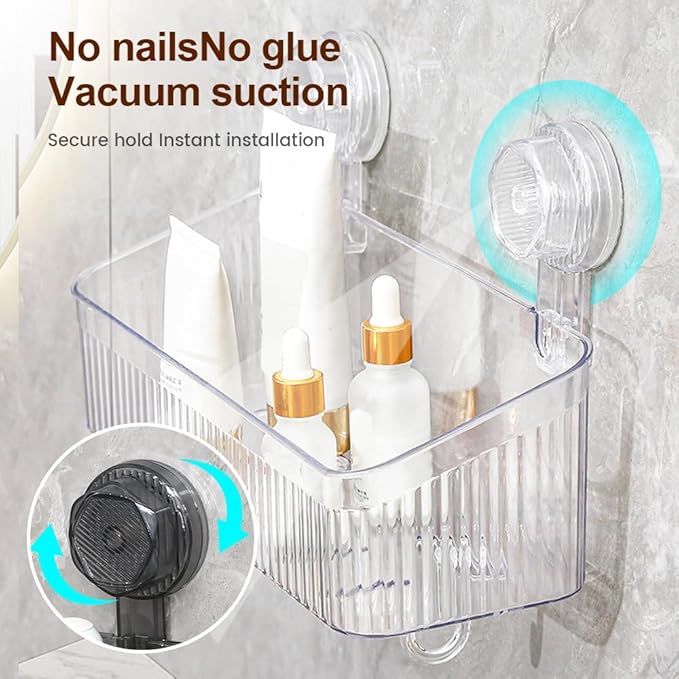 Fliwos No-Drill Bathroom Suction Storage Box, No-Drill Bathroom Shelf, Shower Caddy with Suction Cups, Wall Mount Organizer, Removable Hanging Storage Basket for Home (Transparent, Small)