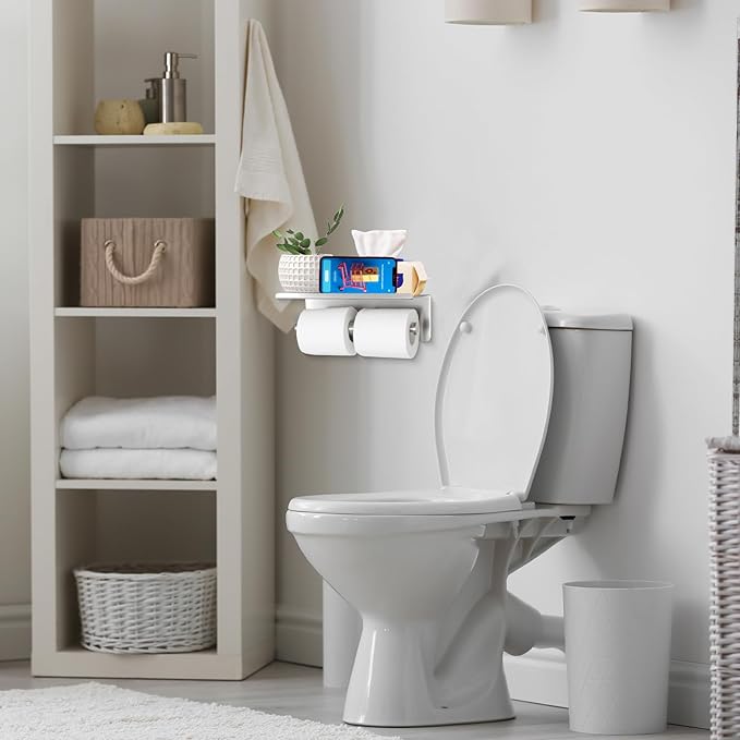 Toilet Paper Holder Wall Mount with Shelf Bjiotun Stainless Steel Toilet Paper Storage Tissue Roll Holder for Bathroom Storage Holds