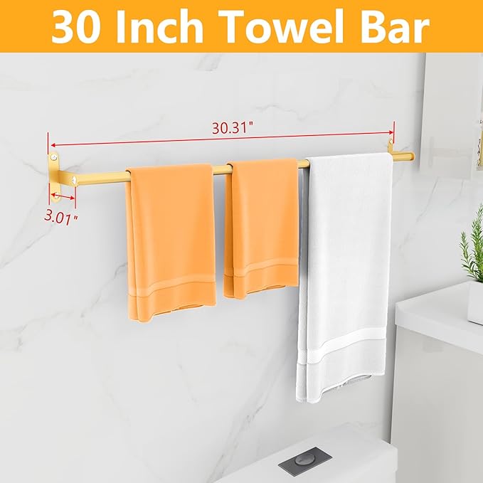 MKO Towel Rod for Bathroom Wall, Heavy Duty Single Towel Racks 30Inch, Modern Towel Racks Hanger Hanging Towels, Stainless Steel，Gold