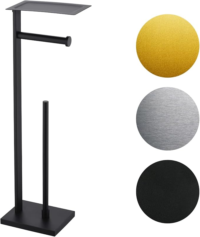 Miyili Matte Black Freestanding Toilet Paper Holder with Shelf, Paper Towel Dispenser Storage Organizer for Bathroom Square Style, F04B2