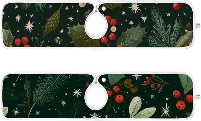 Sink Faucet Absorbing Mat Kitchen Sink Splash Guard Splash Faucet Drip Catcher for Bar RV Bathroom 2PCS 23.6x5.5in Green Christmas Holly Berries Pine Needles Leaves