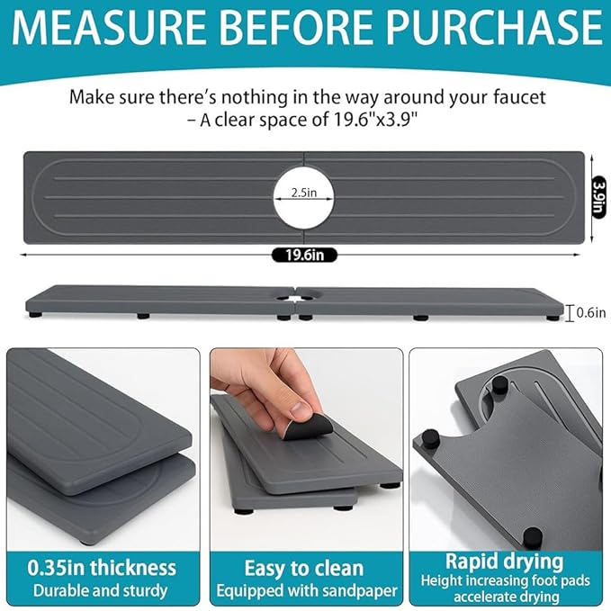 Faucet Mat 19.6 X 3.9 inch Kitchen Bathrooms Sink Faucet Mat Grey Absorbent Stone Diatomite Sink Draining Drying Tray