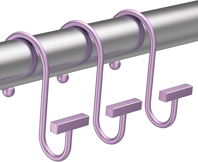 Purple Shower Curtain Hooks, Bathway Shower Curtain Rings Rust Proof, 12PCS Shower Hooks for Shower Curtain, T-Bar Design Convenient Elegant Shower Curtain Hangers for Bathroom Kitchen Wardrobe