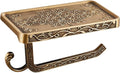 Vintage Carved Floral Toilet Paper Holder with Shelf - Antique Brass Finish Aluminum Bathroom Organizer, Wall Mounted Decorative Roll Holder for Bathroom/Vanity (7.24" Phone Shelf)