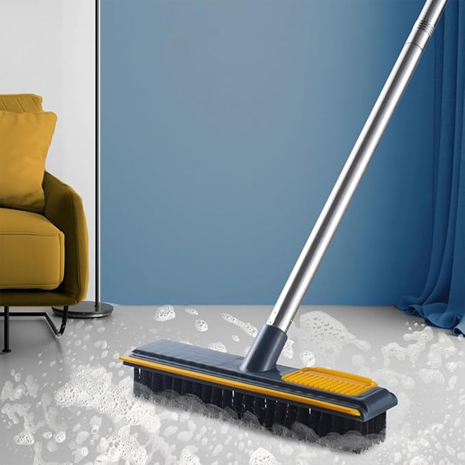 Veemoon 2-in-1 Floor Scrub Brush with Long Handle, Stiff Bristles Hard Brush for Bathroom and Kitchen Grout Cleaning, Blue Three-Section Extension Handle Household Scrubbing Tool