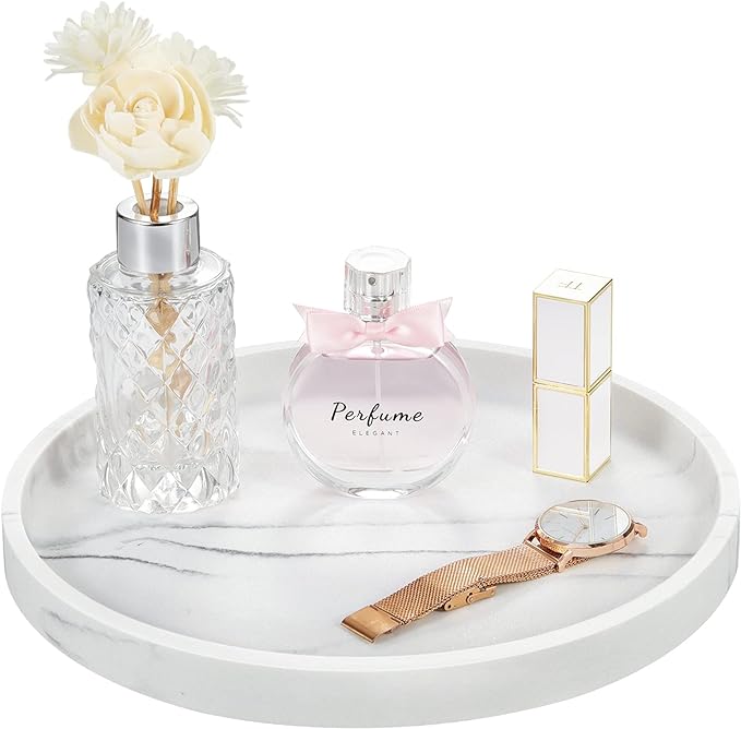 Emibele Vanity Tray, Resin Round Tray Decorative Storage Organizer for Bathroom Toilet Tank Bedroom Kitchen Countertop, Jewelry Storage Dresser Tray for Candle, Lotion Bottle, Cosmetics, Gravel White