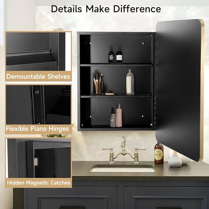 Movo 20x31 Inch Recessed or Surface Mount Medicine Cabinet with Mirror Aluminum Metal Framed Bathroom Mirror Medicine Cabinet Rectangle Storage Cabinet Gold