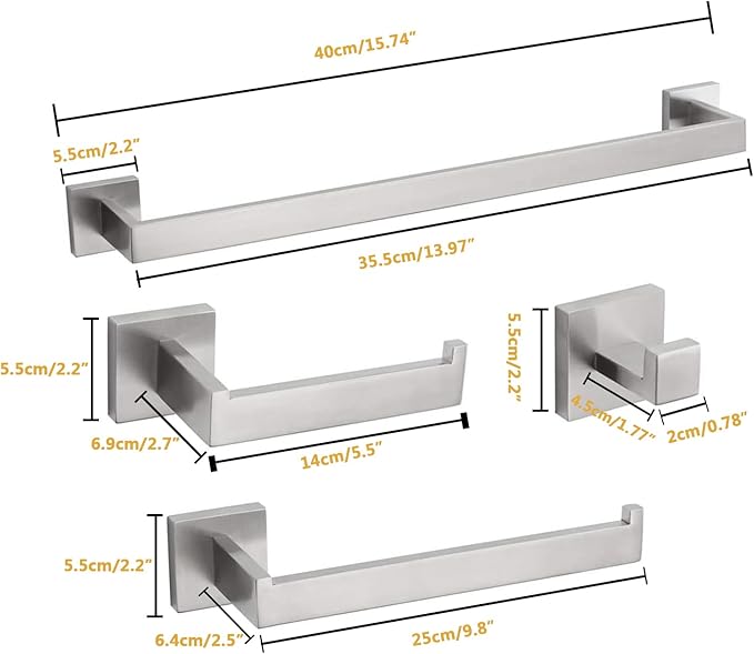 4-Piece Bathroom Hardware Set, Towel Rack Towel Bar Towel Holder Toilet Paper Holder Towel Hooks Modern Square Premium Stainless Steel Brushed Nickel Wall Mounted Bathroom Accessories Set (16inch)