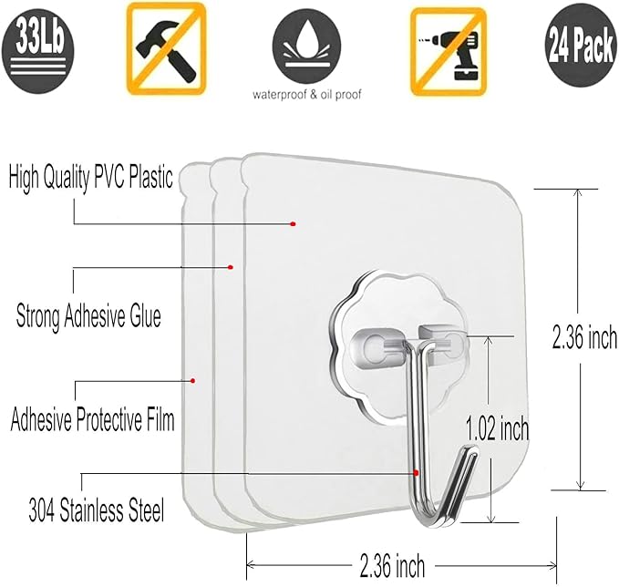 12 Pack Heavy Duty Self Adhesive Hooks - 33lb Max, Transparent, Waterproof, Sticky Wall Hooks for Keys, Bathroom, Shower, Outdoor, Kitchen, Door, Home Improvement, Utility | Heavy Duty, 33lb Max, Waterproof, for Keys, Bathroom, Shower