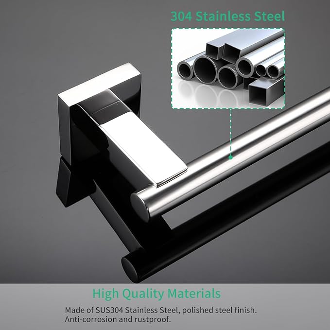 Miyili 4-Pieces Polished Stainless Steel Bathroom Hardware Set Wall Mounted - Includes Double Towel Bar, Hand Towel Rack, Toilet Paper Holder, Robe Hook, BS02C4
