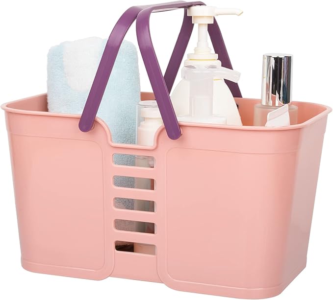 UUJOLY Plastic Storage Baskets with Handles, Storage Bin Shower Caddy Organizer for Bathroom and kitchen, Pink